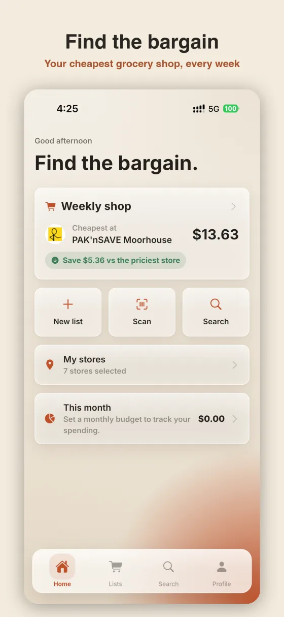 Home dashboard with your cheapest weekly shop