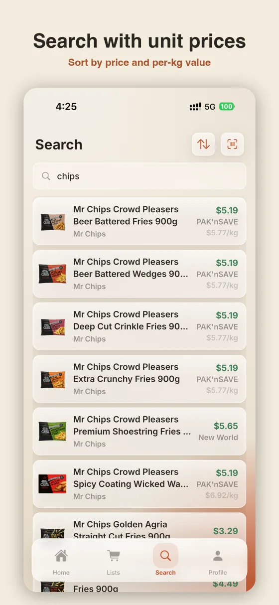 Product search with unit prices