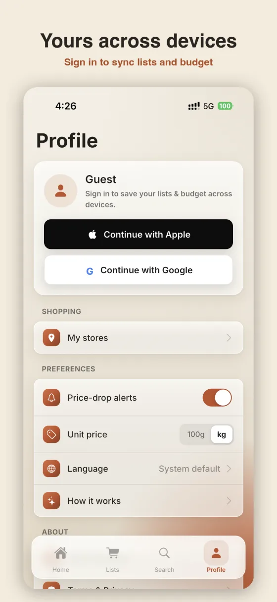 Sign in to sync lists and budget across devices